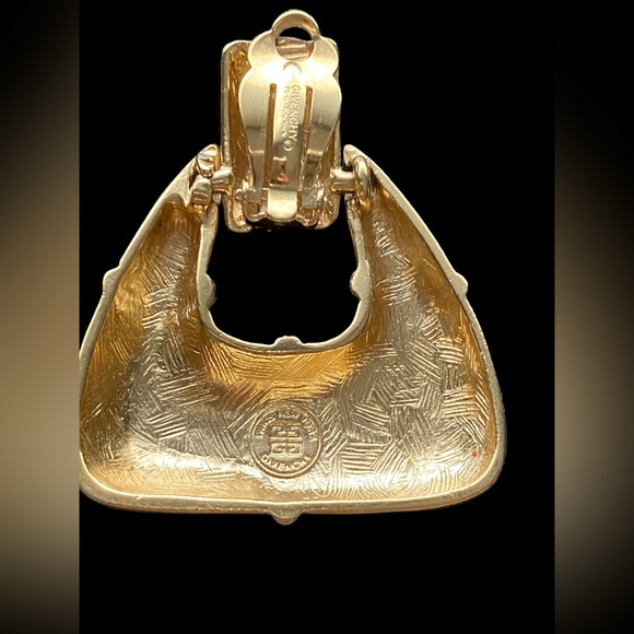 VINTAGE GIVENCHY Door Knocker Earrings LARGE Black Enamel Gold Tone Jewelry